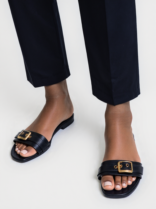 Flat One Strap Black Leather Slide Sandals