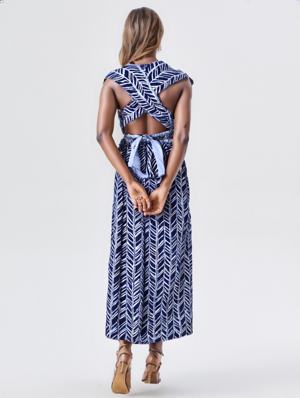 Geometric Print V-neck Midi Dress.