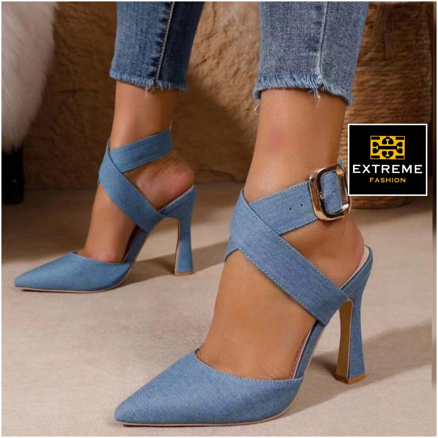 pointed denim heels
